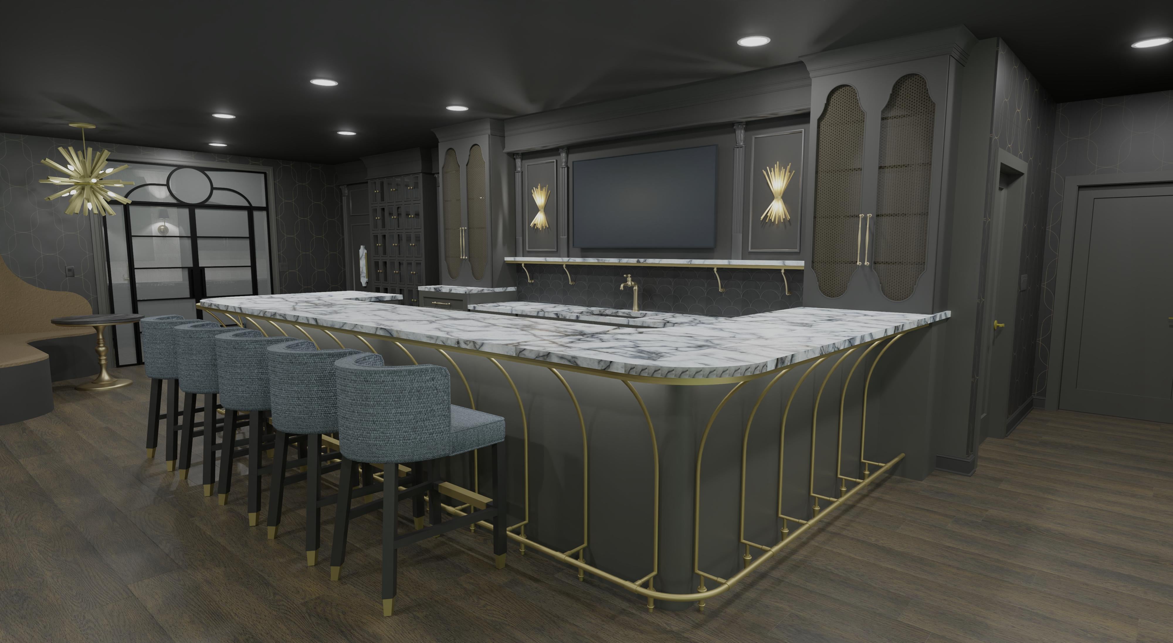 Lower Level Bar Support with a gold Fittings Curved Flared Bar Support System.