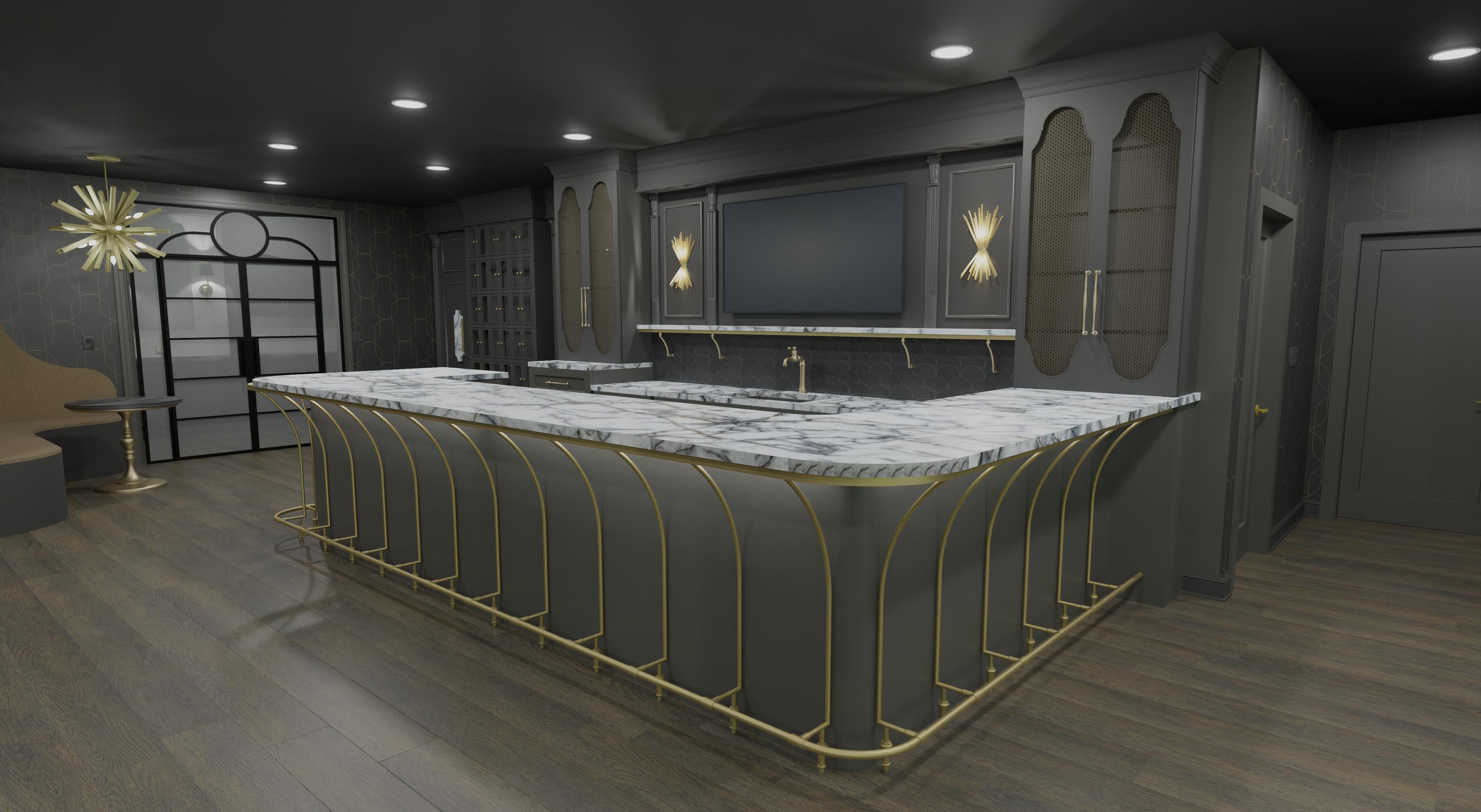 Lower Level Bar Support with a gold Fittings Curved Flared Bar Support System.