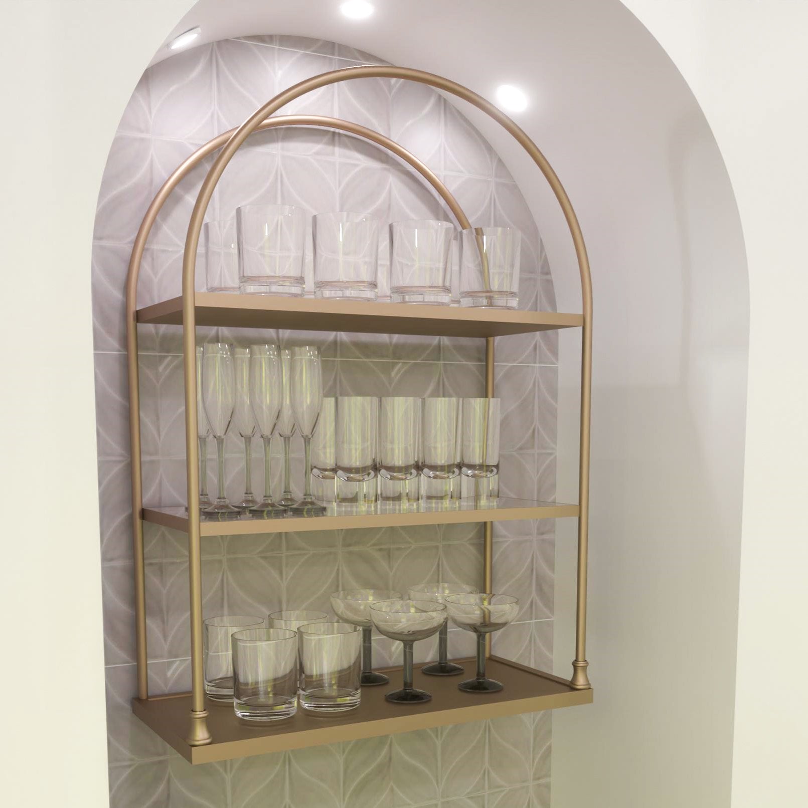 Gold Roma wall shelf displaying decor with sculptural arched metal design