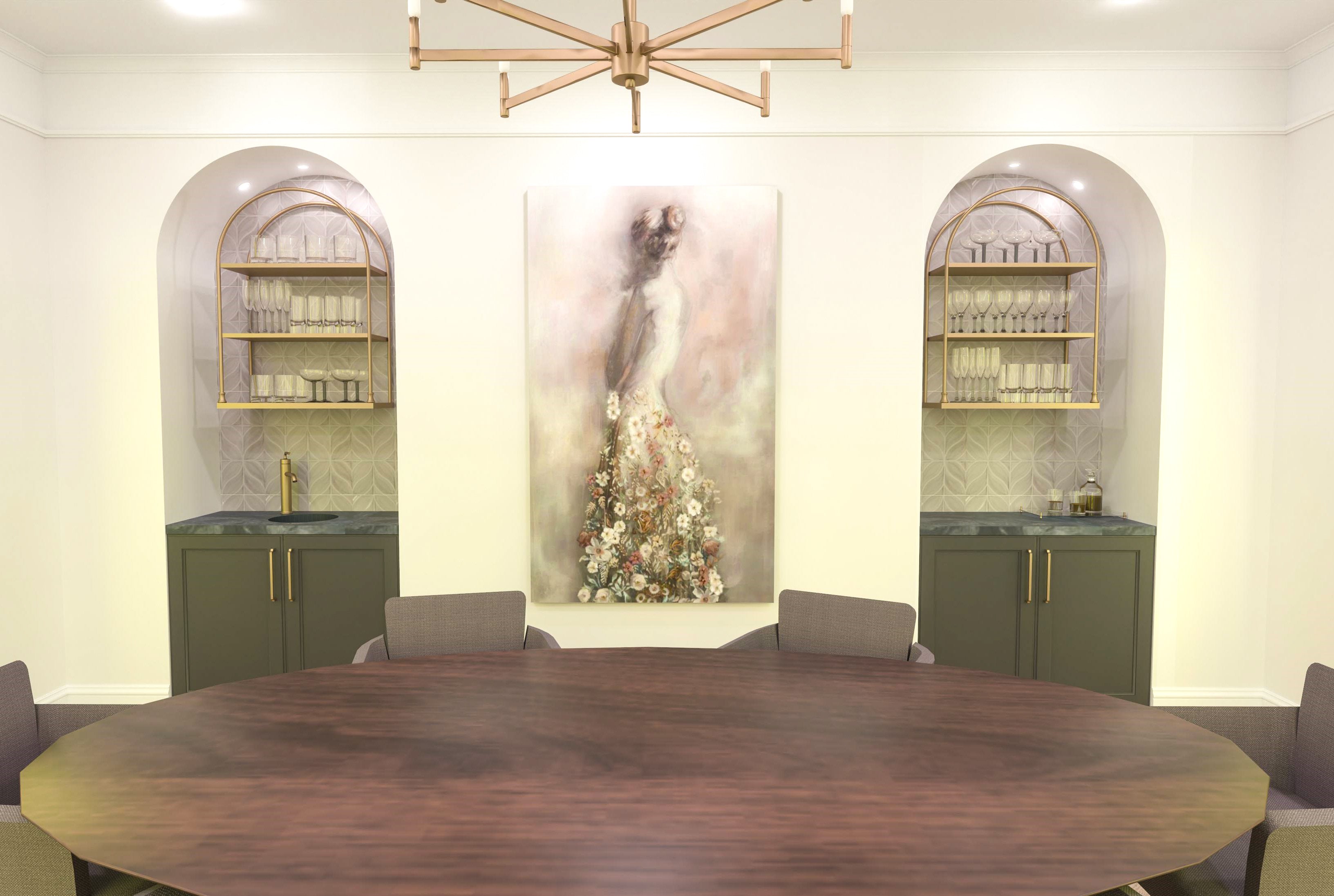 Roma wall shelf with arched metal frame and tiered glass shelving displaying glassware in a dining room.